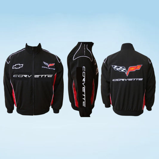 Black Corvette full-zip jacket shown from the front, back, and side views on a light blue gradient background. The jacket features white Corvette lettering, a red and white Corvette logo, a white Chevrolet bowtie emblem, and red side accents.