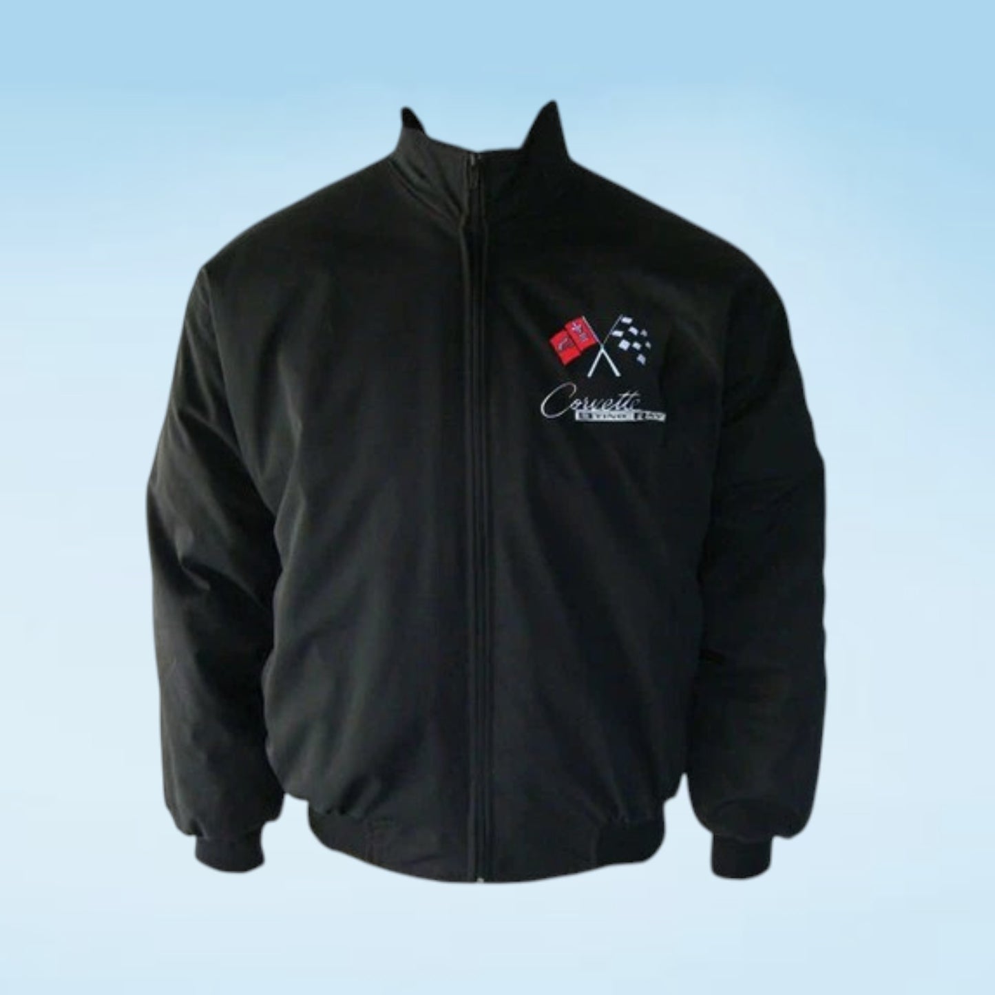 A black zip-up jacket with a stand collar, ribbed cuffs and hem, featuring a white script logo and crossed checkered flags on the left chest, displayed against a light blue gradient background.