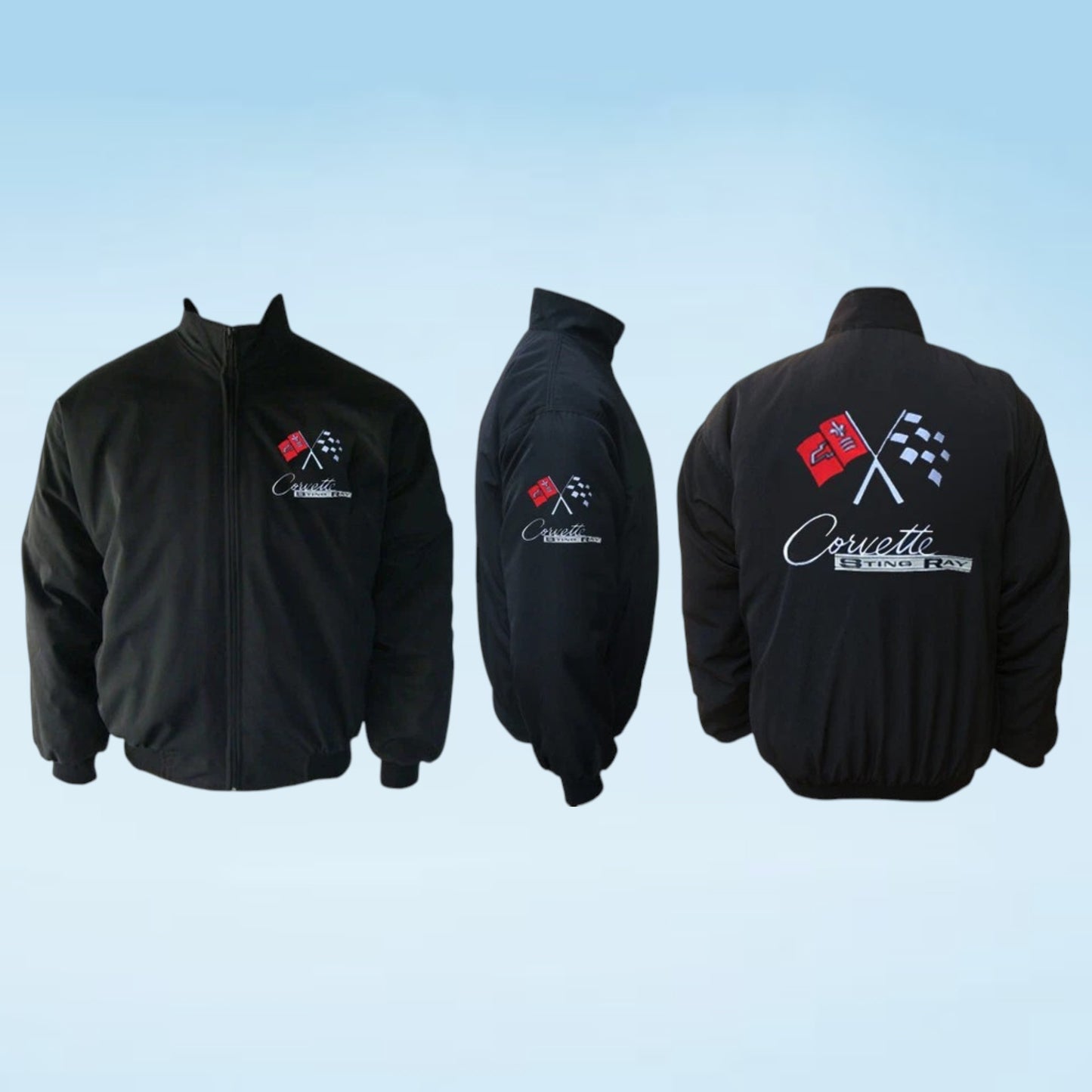Three views of a black zip-up jacket with Corvette Racing Team graphics, including front, side, and back views on a light blue gradient background.