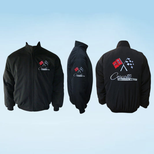Three views of a black zip-up jacket with Corvette Racing Team graphics, including front, side, and back views on a light blue gradient background.