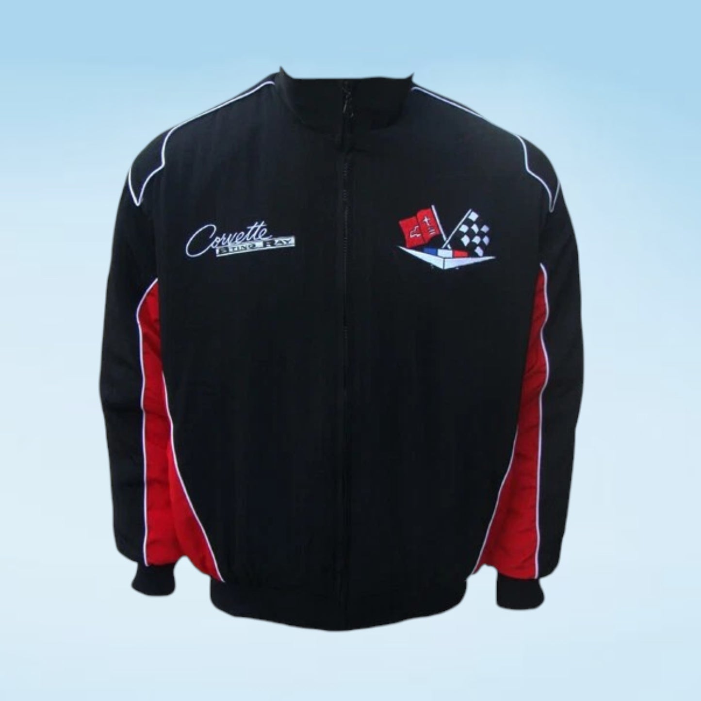 A black zip-up jacket with red side panels and white piping details, featuring 'Corvette Racing' embroidered on the left chest and a team crest on the right chest, set against a light blue gradient background.