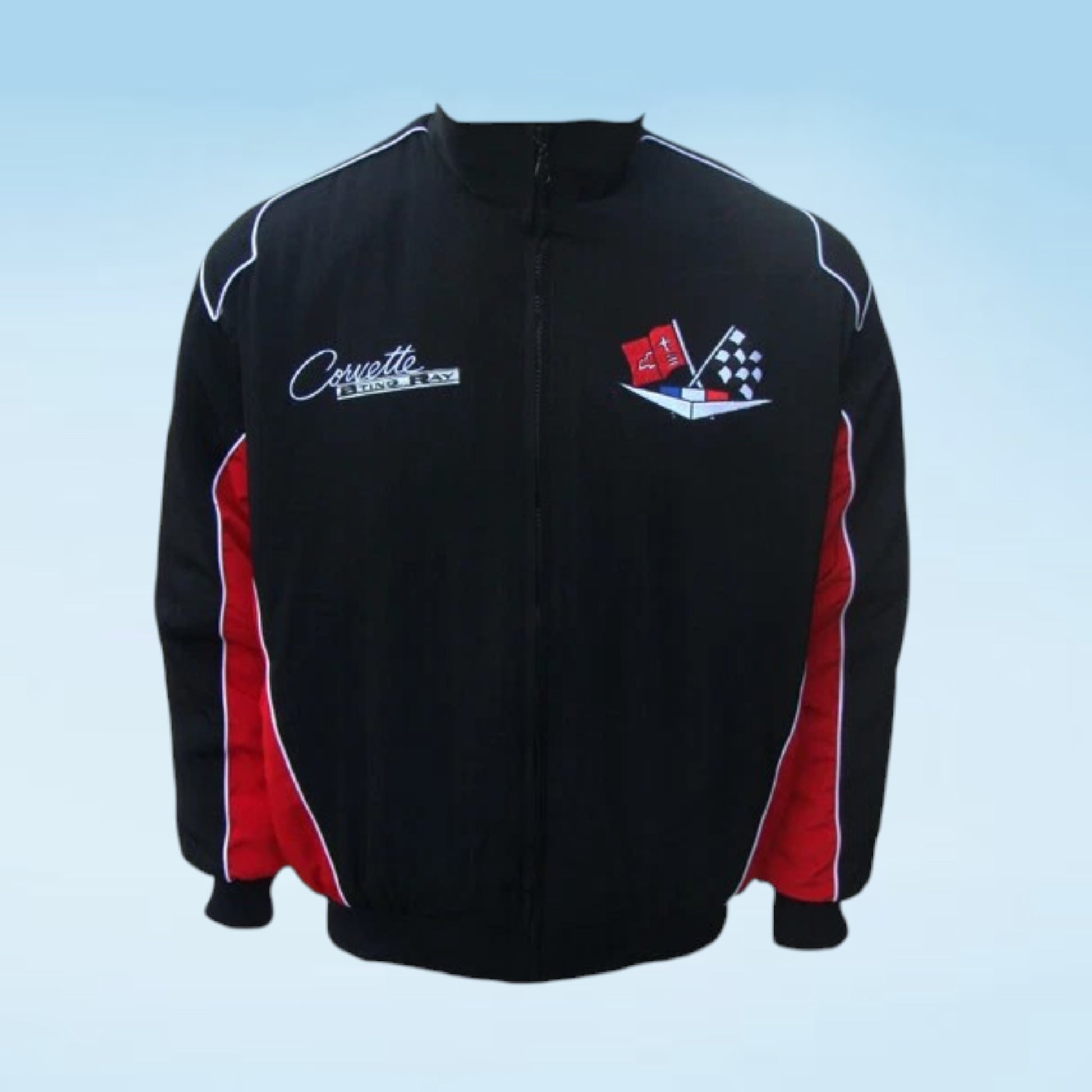 A black zip-up jacket with red side panels and white piping details, featuring 'Corvette Racing' embroidered on the left chest and a team crest on the right chest, set against a light blue gradient background.