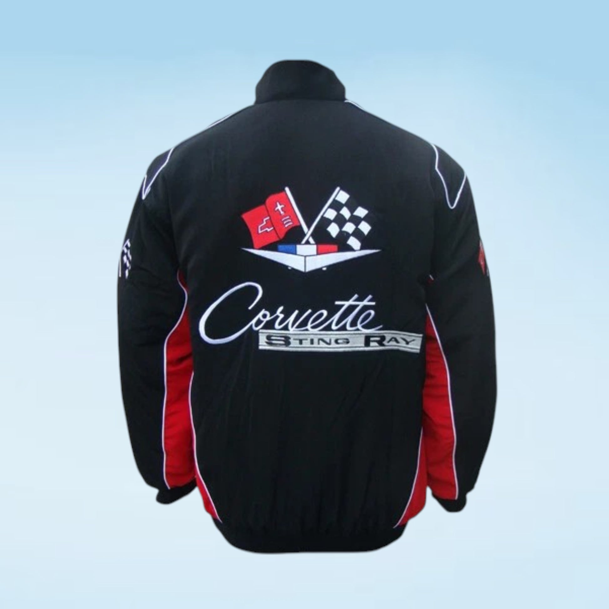 Black Corvette Sting Ray jacket shown from the back, featuring a large graphic with checkered flags, the Corvette logo, and 'Sting Ray' text, with red side panels and white piping, set against a light blue gradient background.