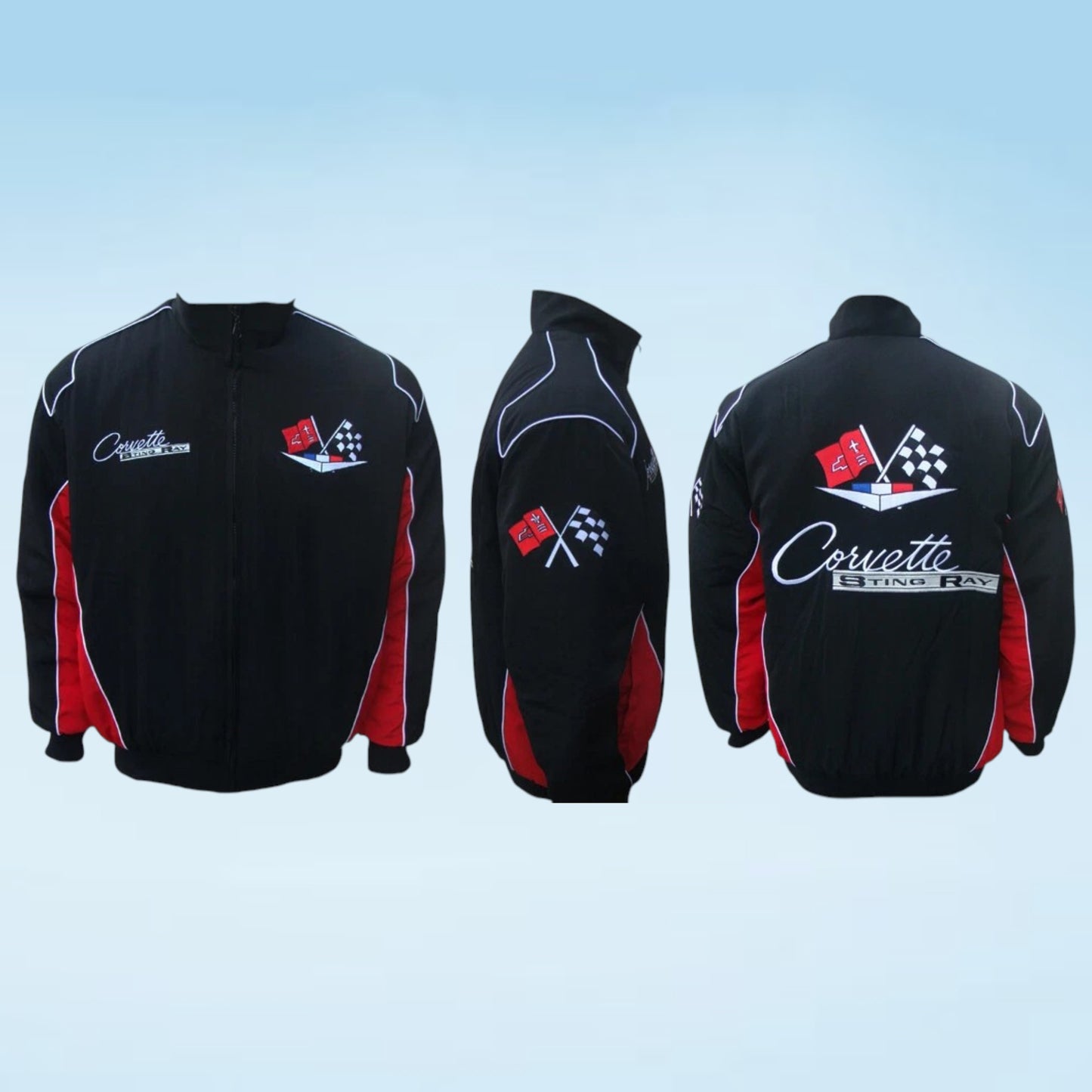 Three views of a black zip-up racing jacket with red side panels and white script logos reading Corvette and Corvette Racing on a light blue gradient background.