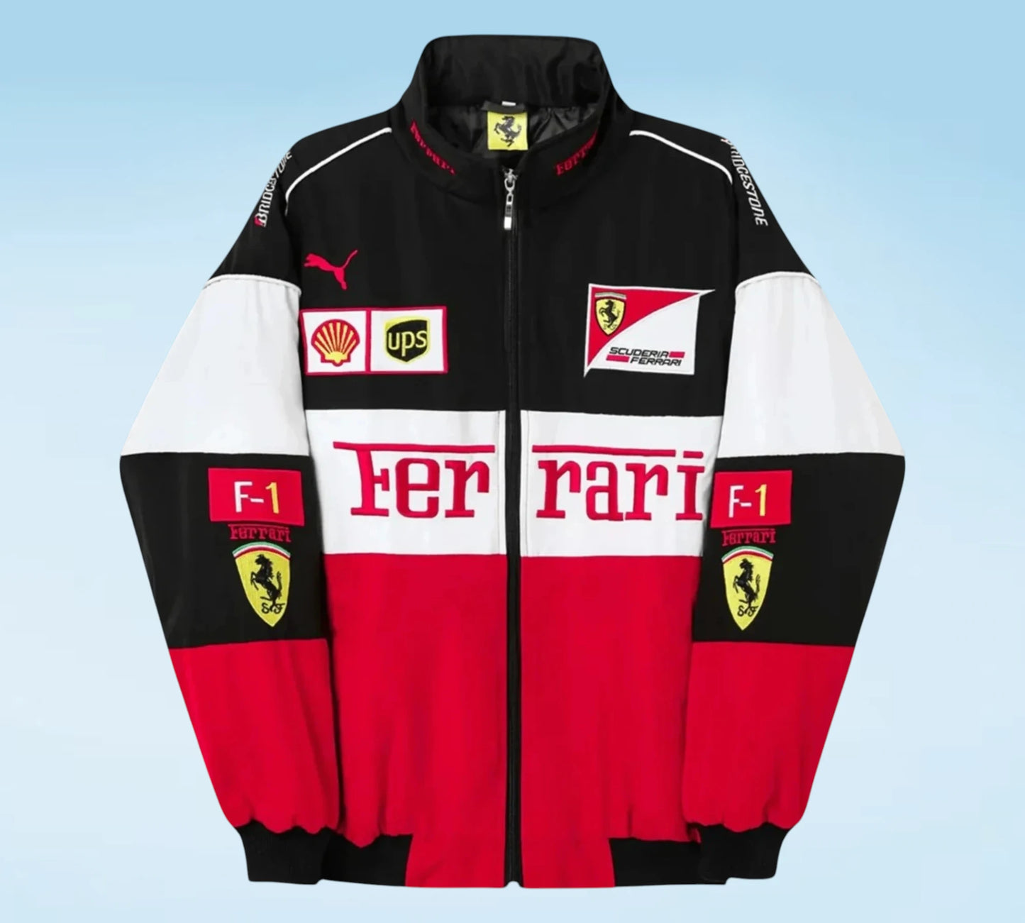 Ferrari jacket with various logos on a light blue background