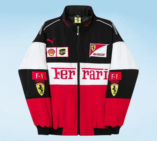 Ferrari jacket with various logos on a light blue background