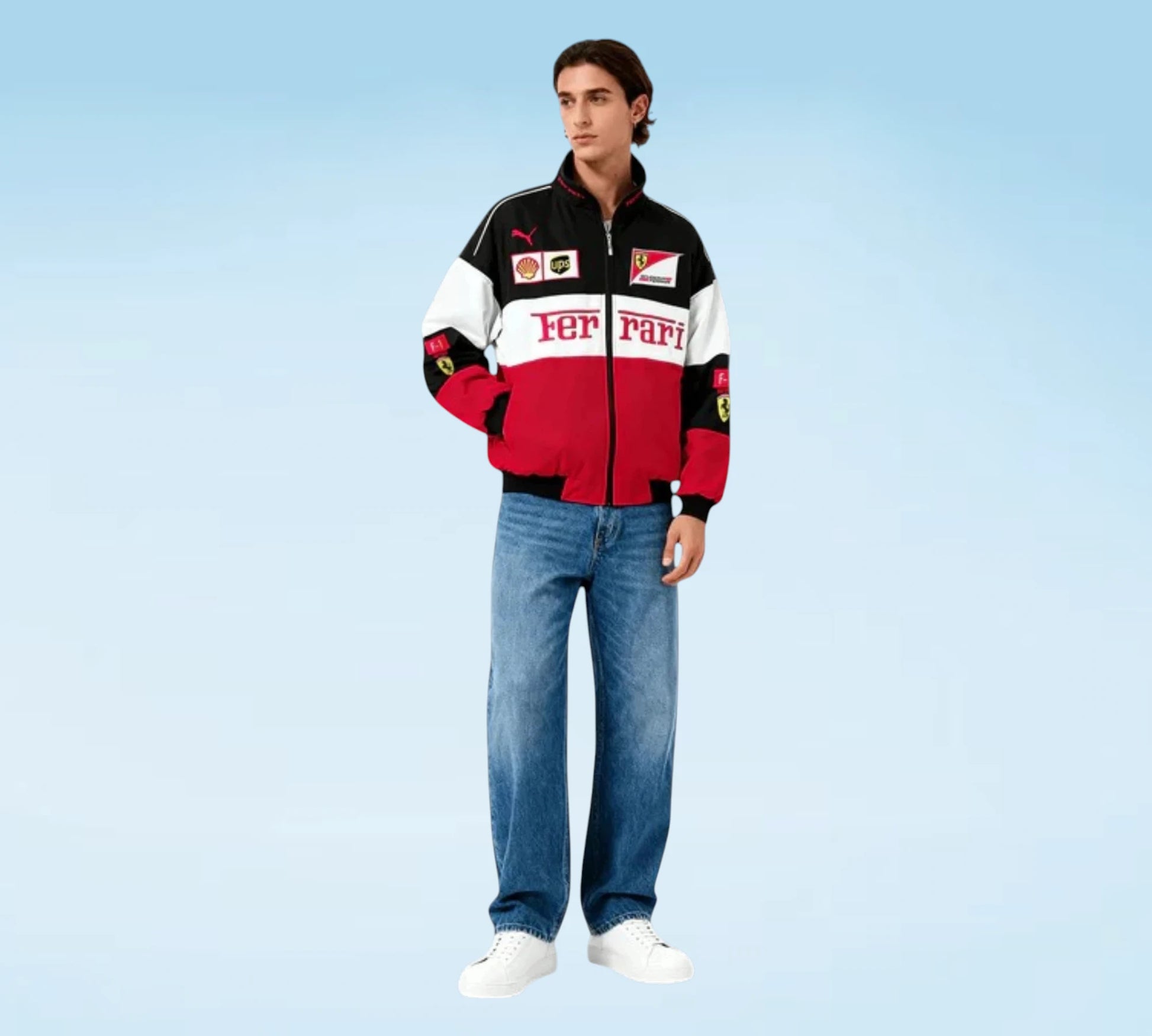 Person wearing a Ferrari-themed jacket on a light blue background
