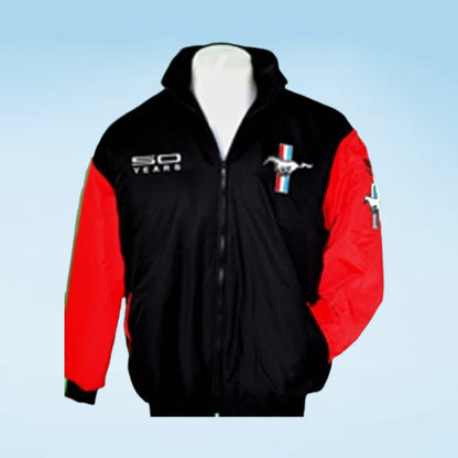 A black zip-up jacket with bright red sleeves, featuring a Mustang logo on the left chest and '50 YEARS' text on the right chest, displayed on a white mannequin torso against a light blue gradient background.