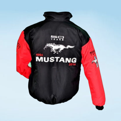 A black and red Mustang jacket shown from the back, featuring a white galloping horse logo, '50 YEARS MUSTANG 2016' text, and a silver cross patch on the sleeve, set against a light blue gradient background.