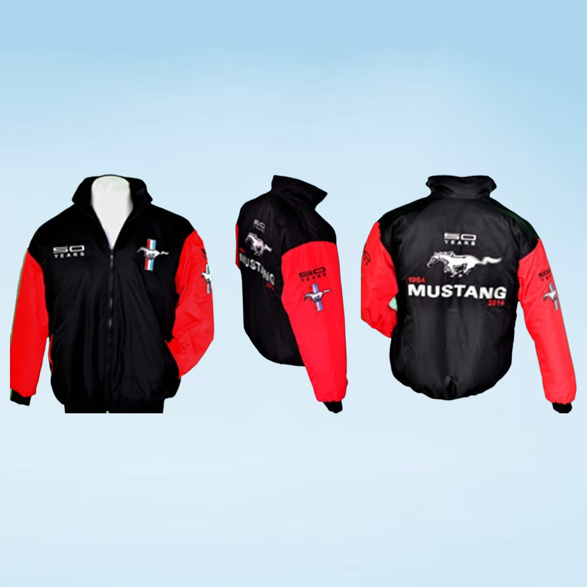 A black and red zip-up jacket shown from three angles (front, three-quarter, and back) on a light blue gradient background. The jacket features a black body, red sleeves, and white graphics including the Ford Mustang logo, '50 YEARS' text, and 'MUSTANG GT' on the back.