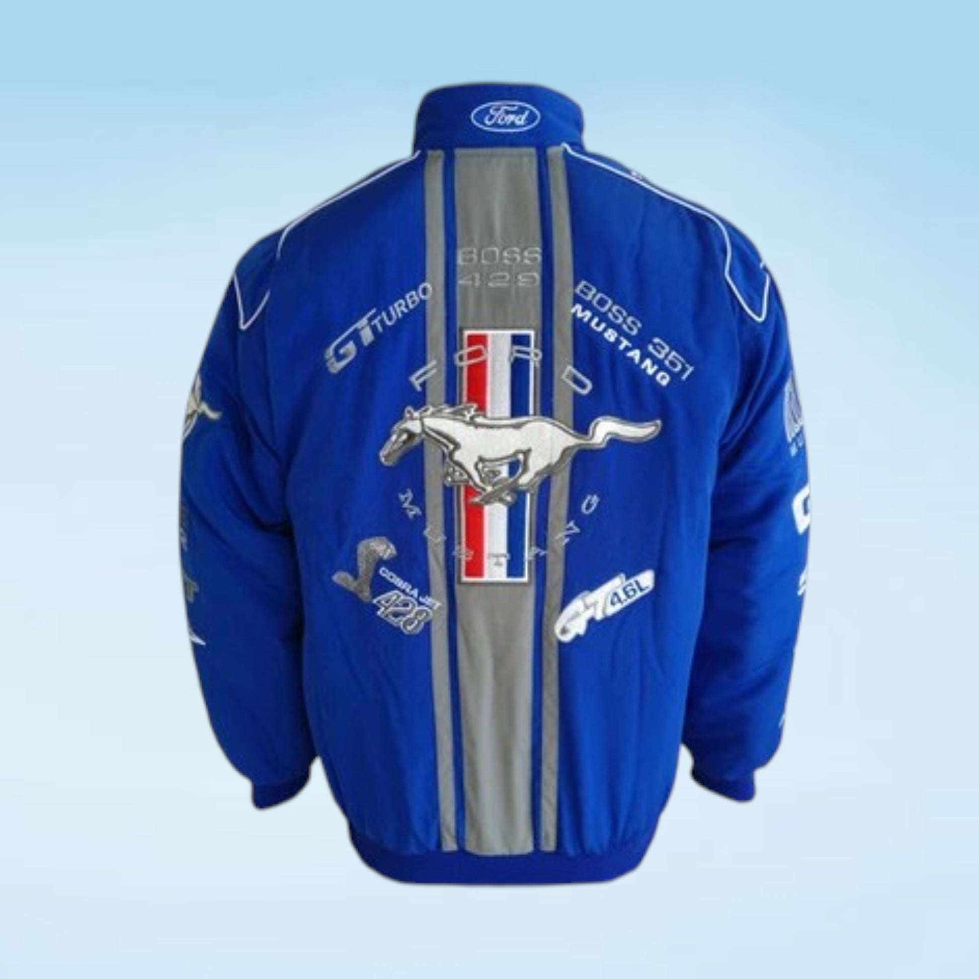 A black Ford Mustang racing jacket shown from the back, featuring a large silver vertical stripe with red and blue accents, a white galloping horse logo, and various sponsor decals on a light blue gradient background.