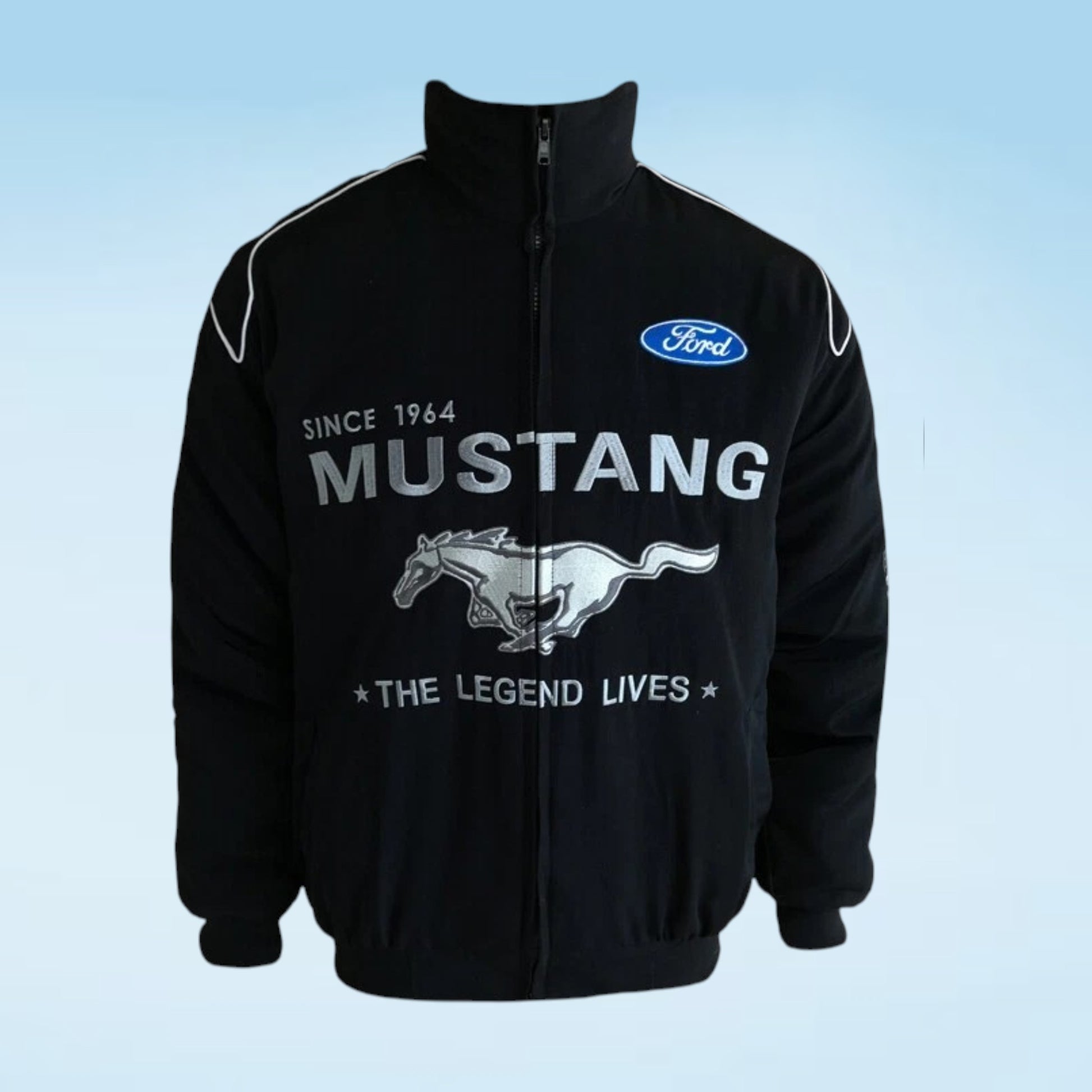 A black zip-up jacket featuring a white embroidered Mustang graphic, a silver running horse logo, and a blue oval Ford logo on the chest, set against a light blue gradient background.