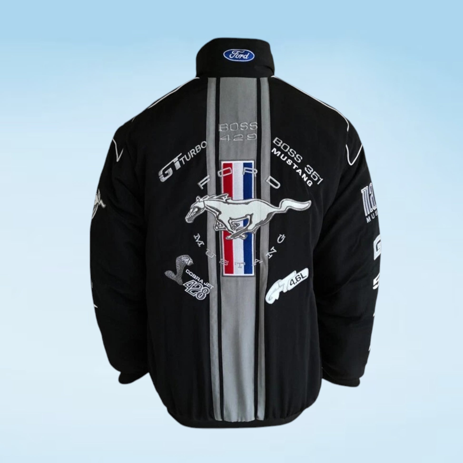 A black Ford Mustang racing jacket shown from the back, featuring a large silver vertical stripe with red and blue accents, a white galloping horse logo, and various sponsor decals on a light blue gradient background.