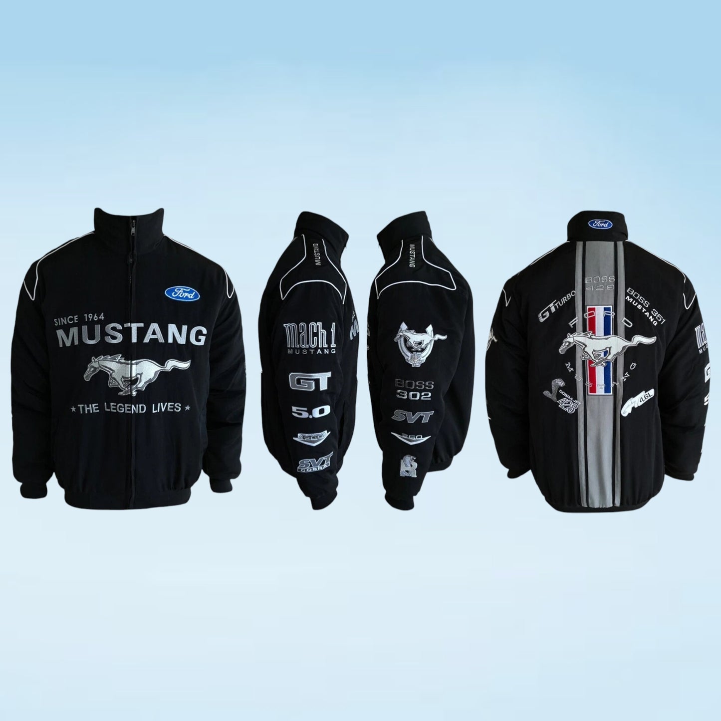 A black Ford Mustang racing jacket shown from four angles (front, back, and three sleeve views) on a light blue gradient background. The jacket features white and silver graphics, including the Ford logo, 'MUSTANG' text, and a large galloping horse graphic on the back.