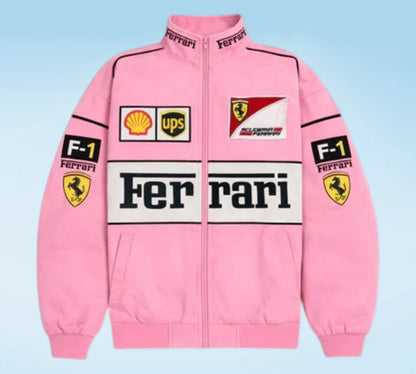 Scuderia Ferrari Pink Cotton Vintage Racing Jacket – Premium F1 Apparel