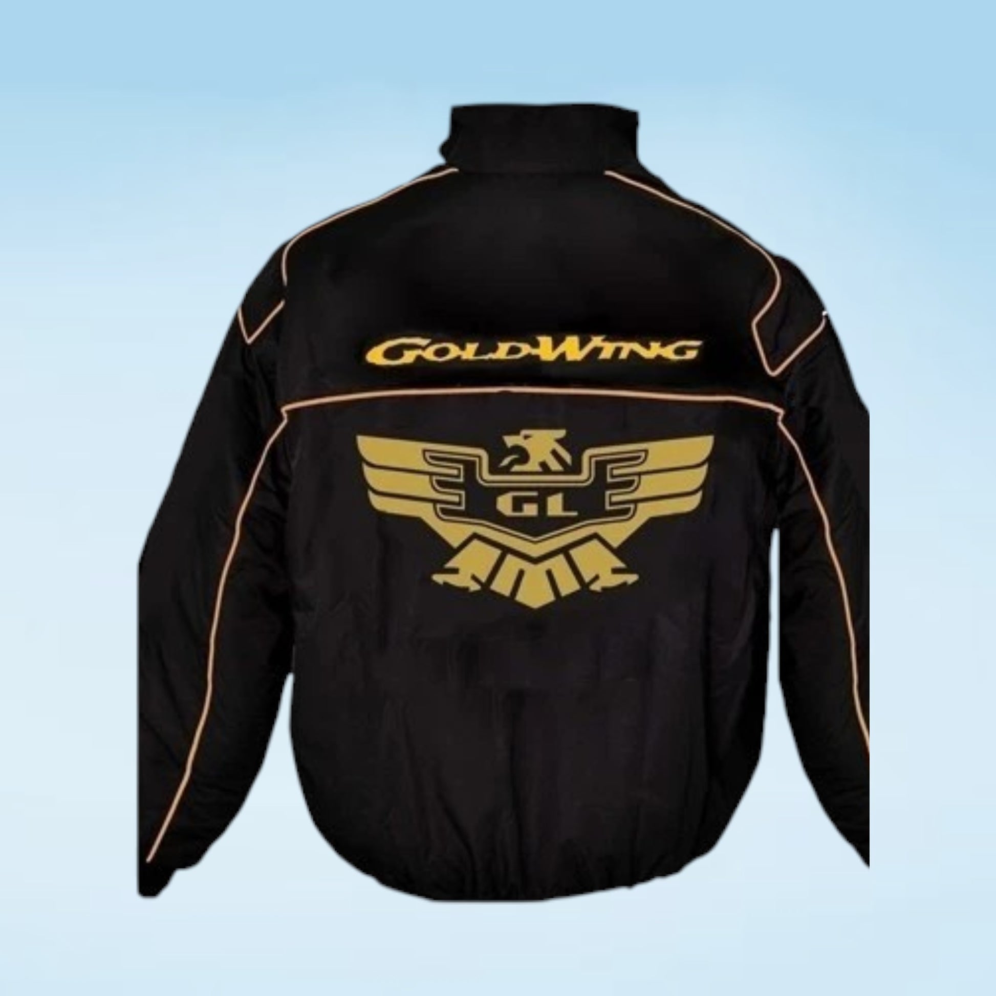 Black jacket with gold winged logo and 'GoldWing' text on the back, shown against a light blue gradient background.