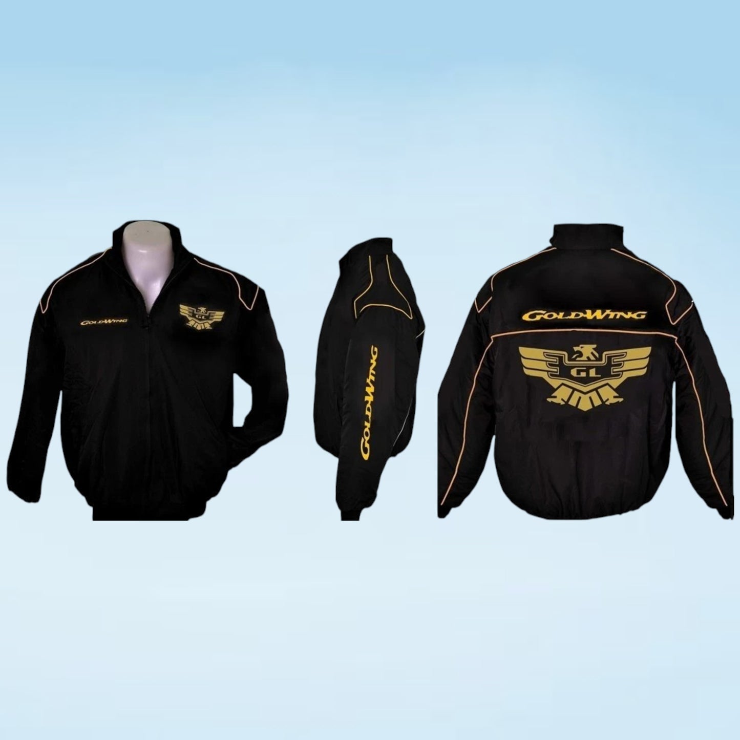 A black zip-up jacket shown from three angles (front, back, and side) on a light blue gradient background. The jacket features gold and yellow graphics, including the text 'Goldwing' and a stylized winged logo on the chest and back.