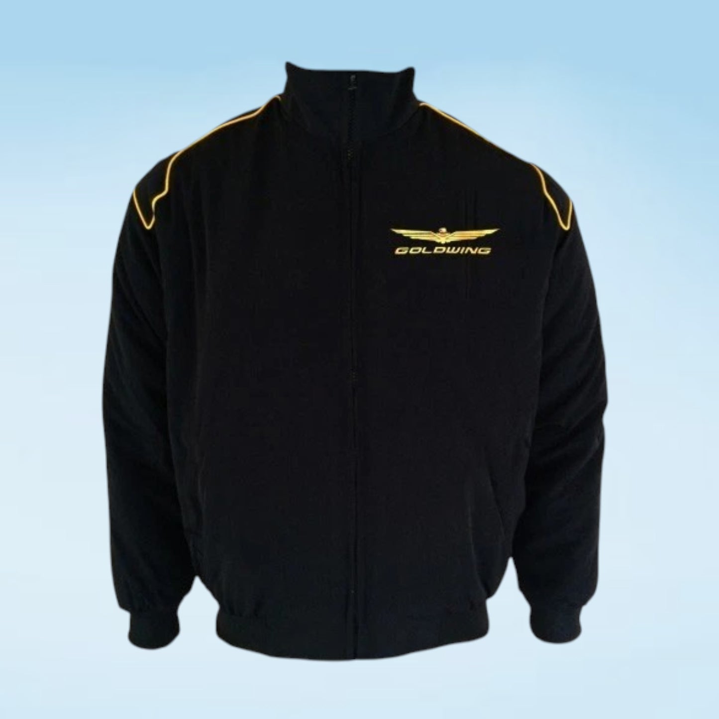 A black zip-up jacket with gold winged logo and 'GOLDWING' text on the left chest, plus gold piping along the shoulders, shown against a light blue gradient background.