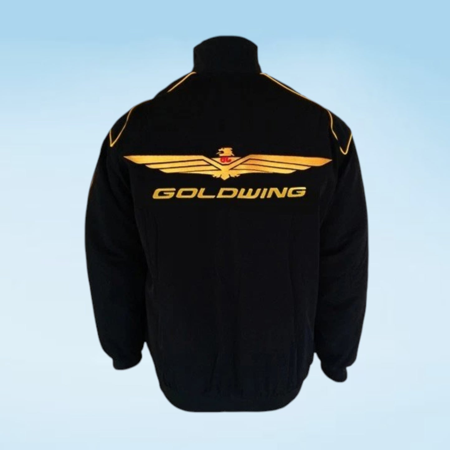 A black jacket shown from the back, featuring a large gold winged emblem and the word 'GOLDWING' across the upper back, set against a light blue gradient background.