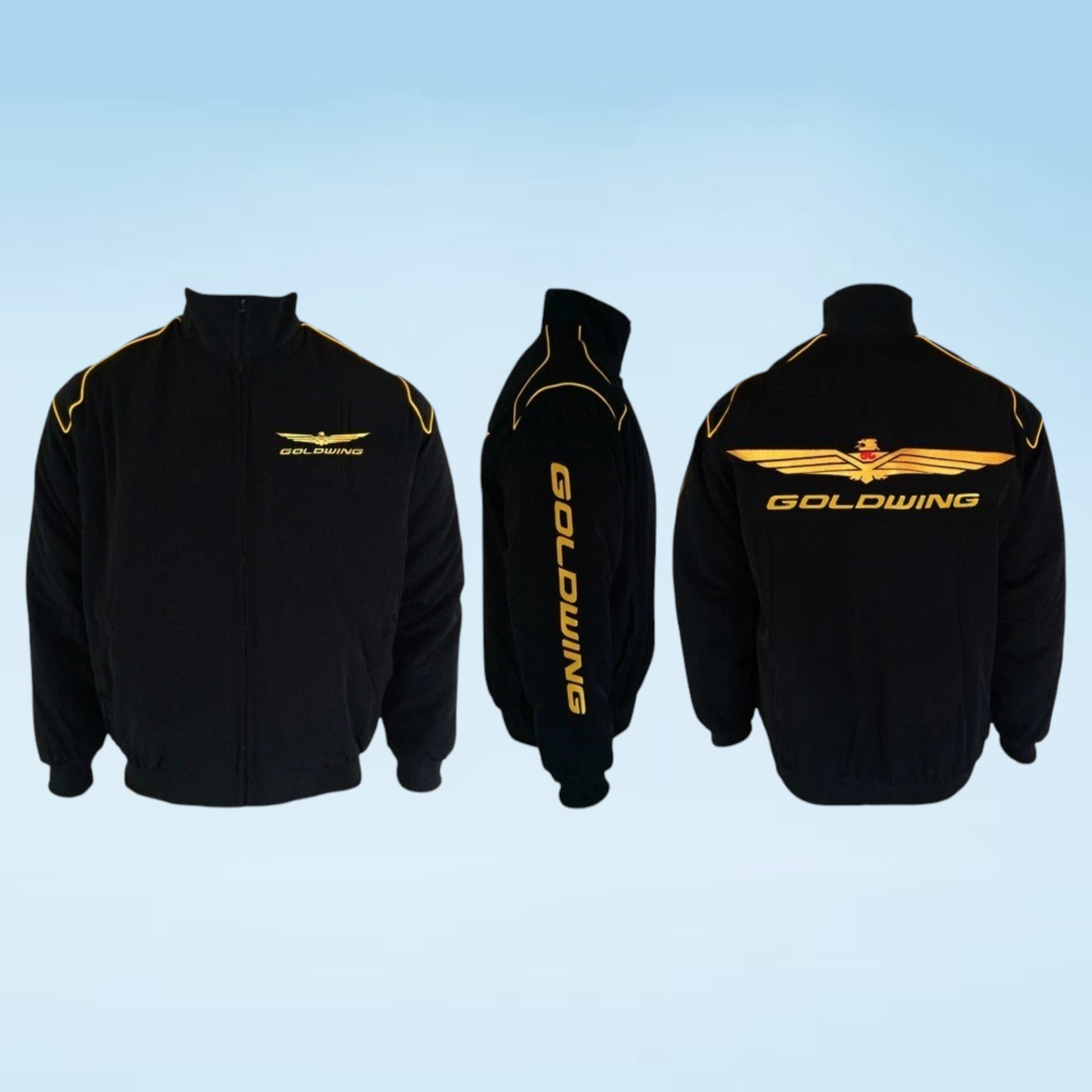 Three views of a black zip-up jacket with gold graphics: front, back, and side views. The front features a small gold wing logo with 'GOLDWING' text, the side shows vertical 'GOLDWING' text on the sleeve, and the back has a large gold wing logo and 'GOLDWING' text.