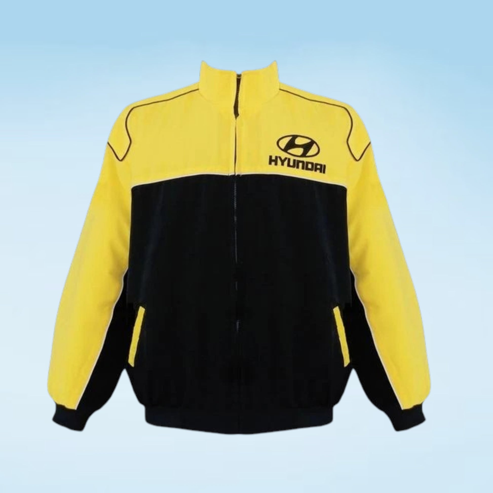 A yellow and black zip-up jacket with the Hyundai logo printed on the left chest, displayed against a light blue gradient background.