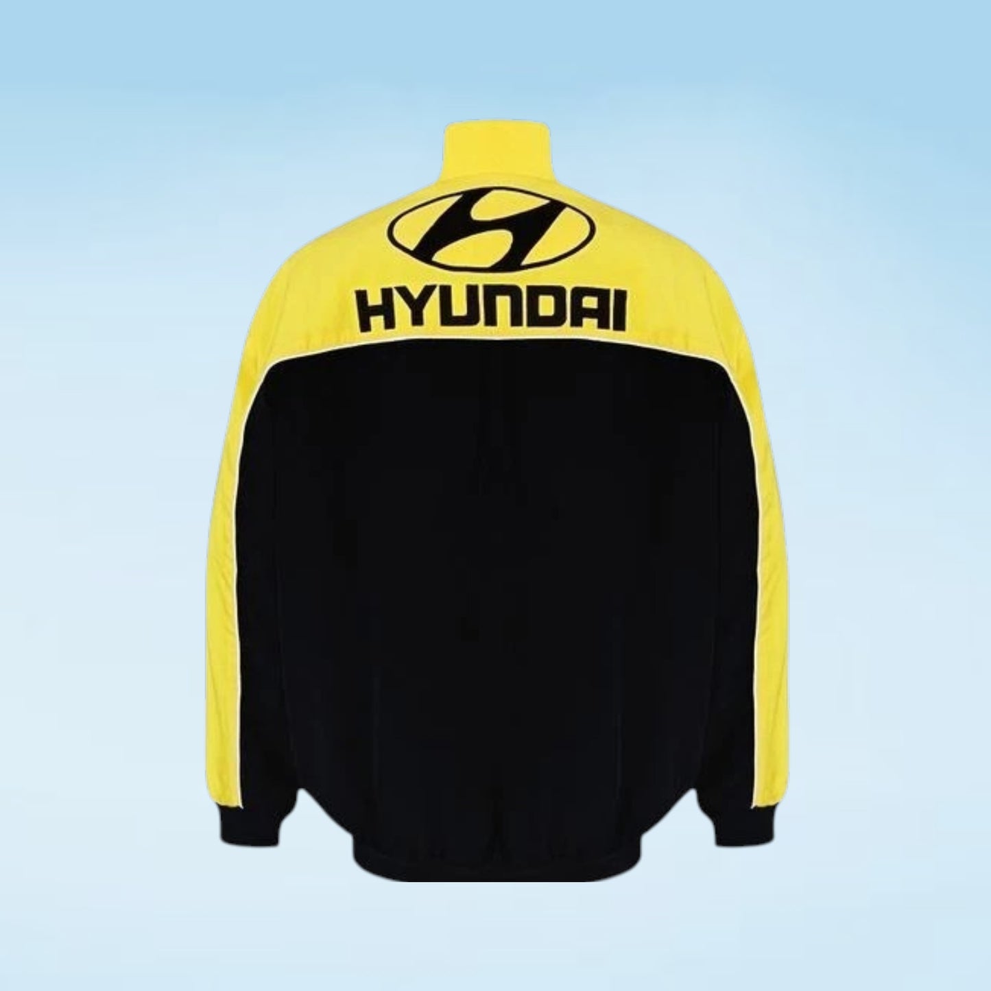 A Hyundai track jacket shown from the back, featuring a bright yellow upper back, shoulders, and sleeves with a black body and black Hyundai logo.