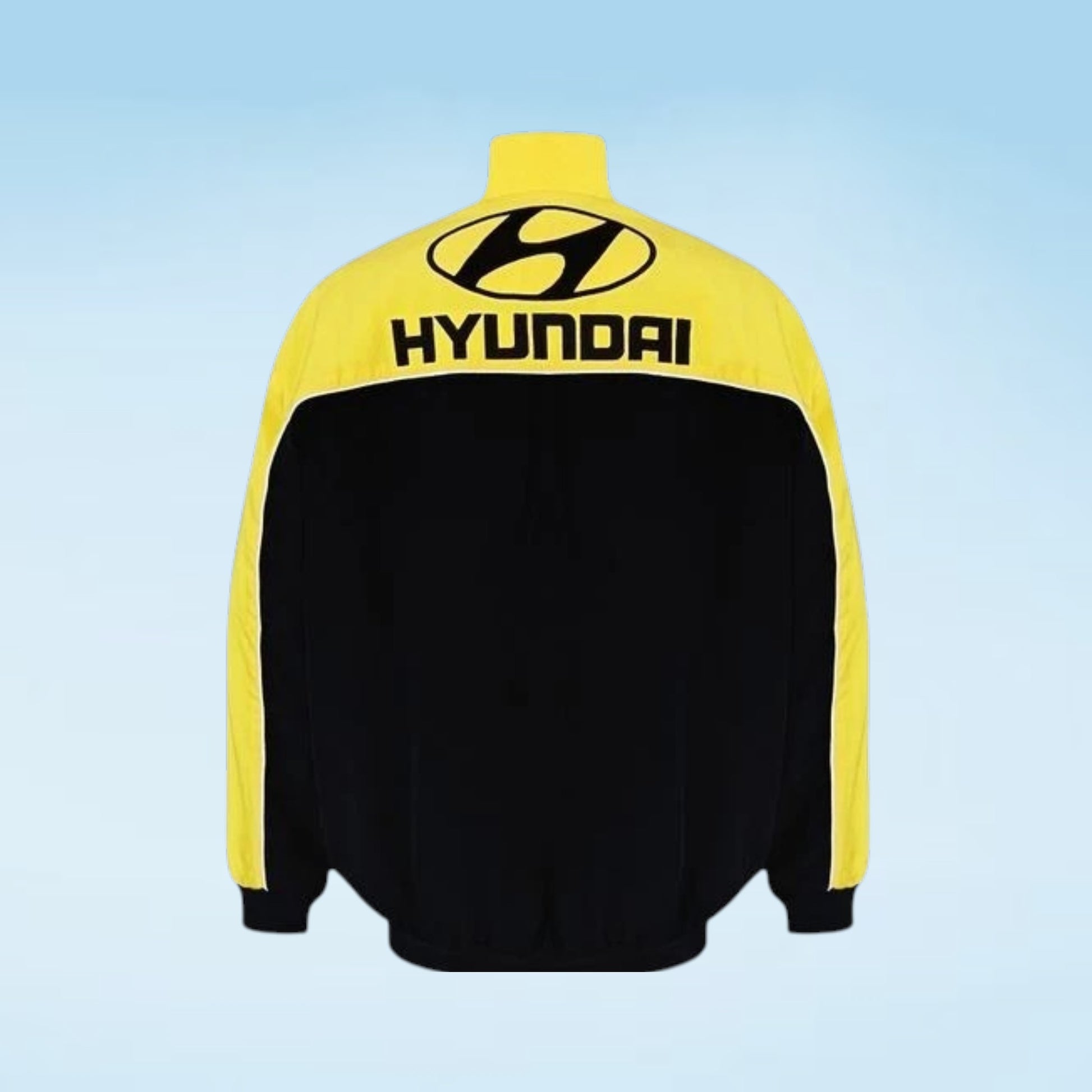 A Hyundai track jacket shown from the back, featuring a bright yellow upper back, shoulders, and sleeves with a black body and black Hyundai logo.