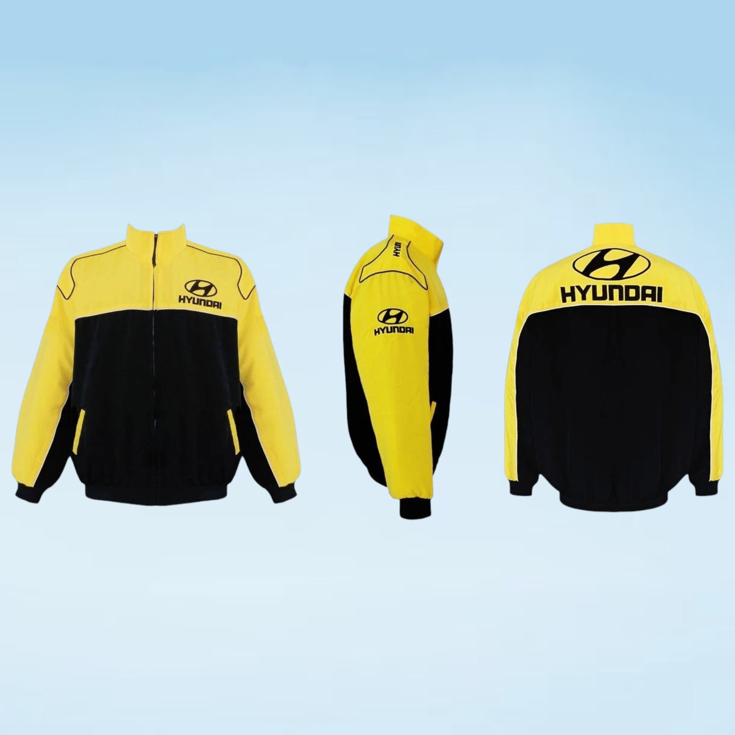 Three views of a yellow and black Hyundai track jacket on a light blue gradient background, showing the front, side, and back with the Hyundai logo.