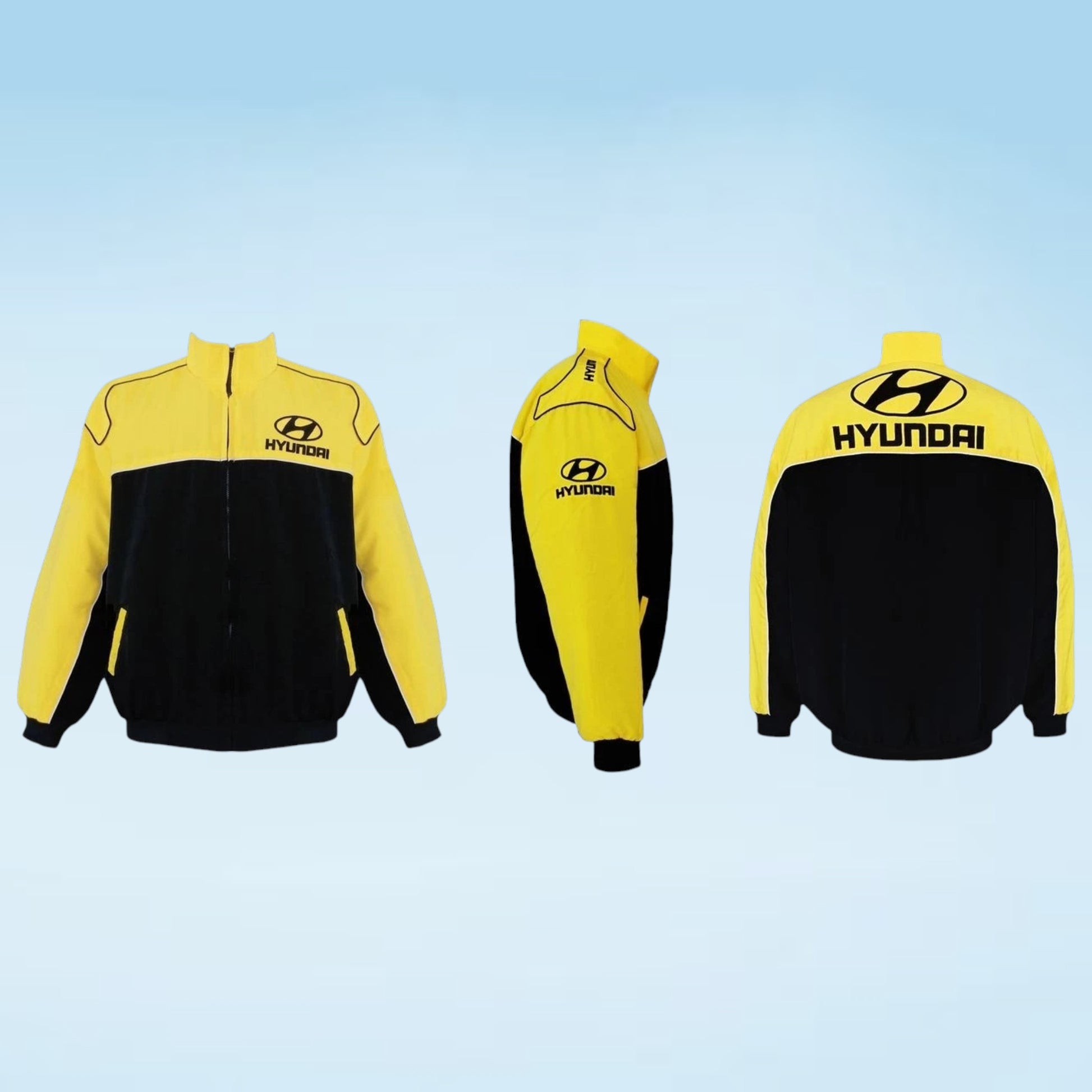 Three views of a yellow and black Hyundai track jacket on a light blue gradient background, showing the front, side, and back with the Hyundai logo.