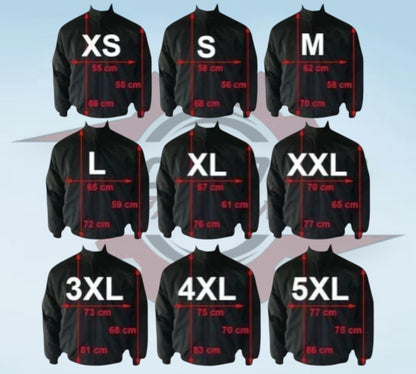 Size chart for jackets showing various sizes from XS to 5XL with dimensions.