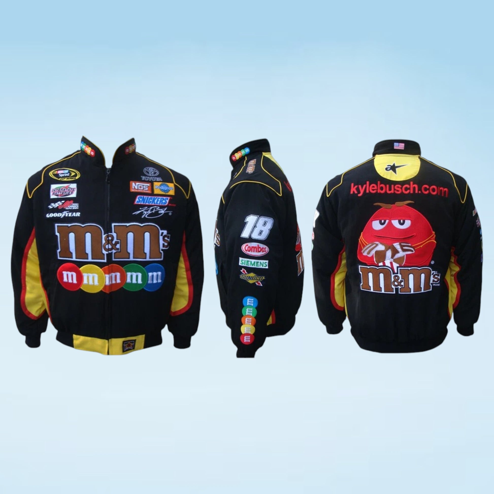Three views of a black M&M's branded racing jacket featuring Kyle Busch graphics, including front, back, and side views on a light blue gradient background.
