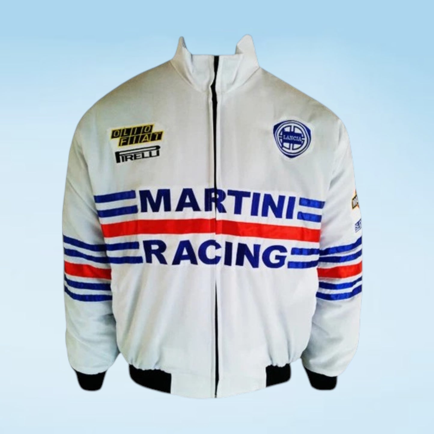 A white Martini Racing zip-up jacket with blue and red stripes and logos, featuring Pirelli branding on the left chest and a circular crest on the right chest, set against a light blue gradient background.