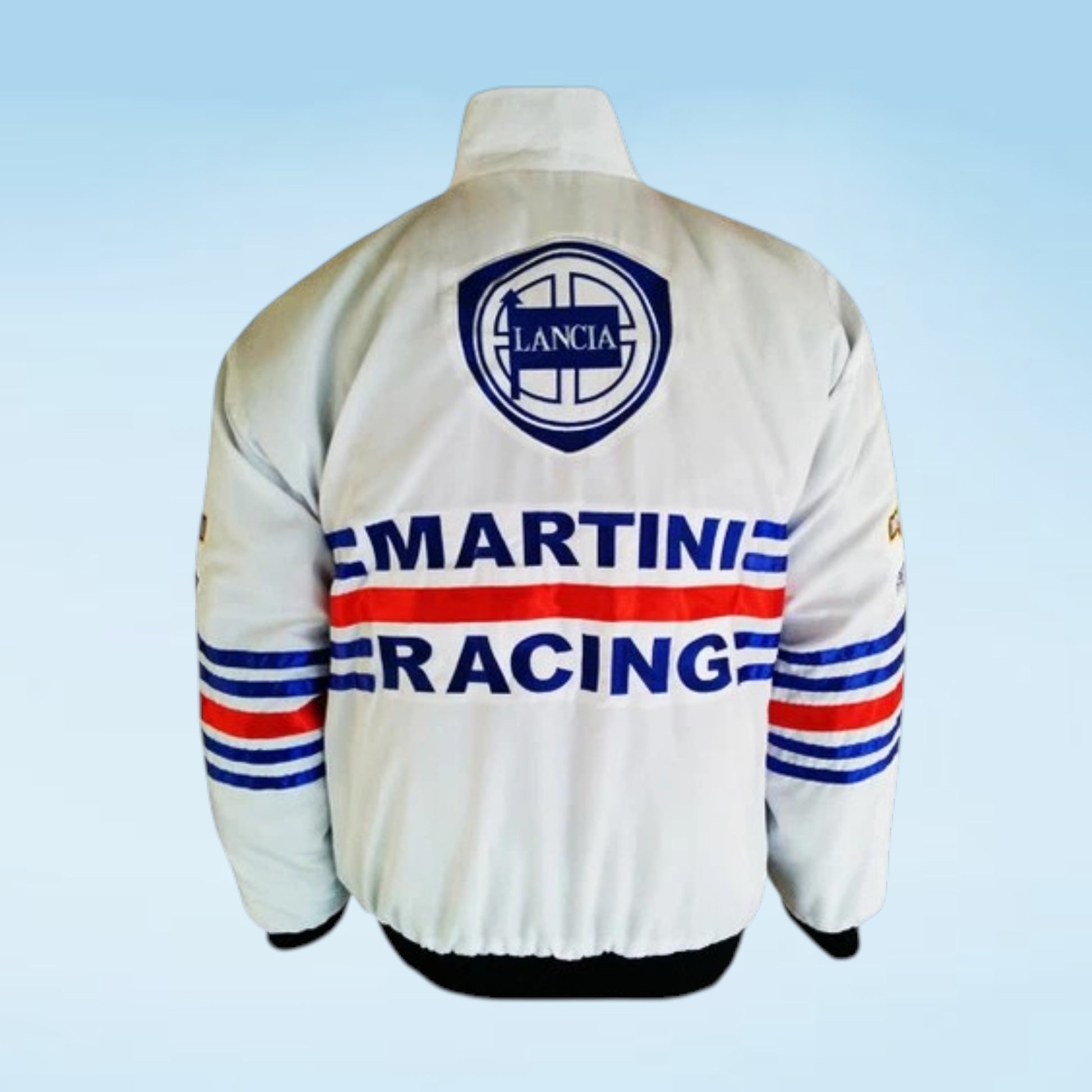 White Martini Racing jacket shown from the back, featuring a blue Lancia shield logo on the upper back, 'MARTINI RACING' in blue with a red stripe across the middle, and blue and red striped sleeves, set against a light blue gradient background.