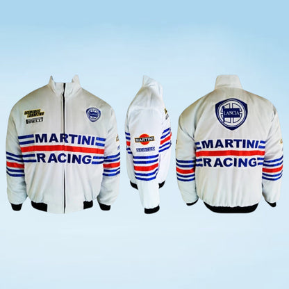 A white Martini Racing zip-up jacket shown from the front, back, and side views against a light blue gradient background. The jacket features blue and red stripes across the chest and sleeves, with 'MARTINI RACING' printed in blue across the front.