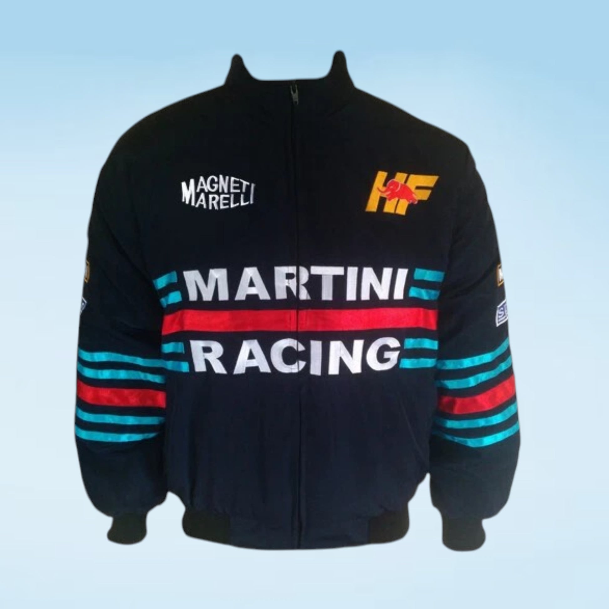 A black Martini Racing zip-up jacket with 'MARTINI RACING' in white across the chest, bordered by red and turquoise stripes. The jacket features 'MAGNETI MARELLI' on the right chest and a yellow 'HF' logo on the left chest, with striped sleeves, set against a light blue gradient background.