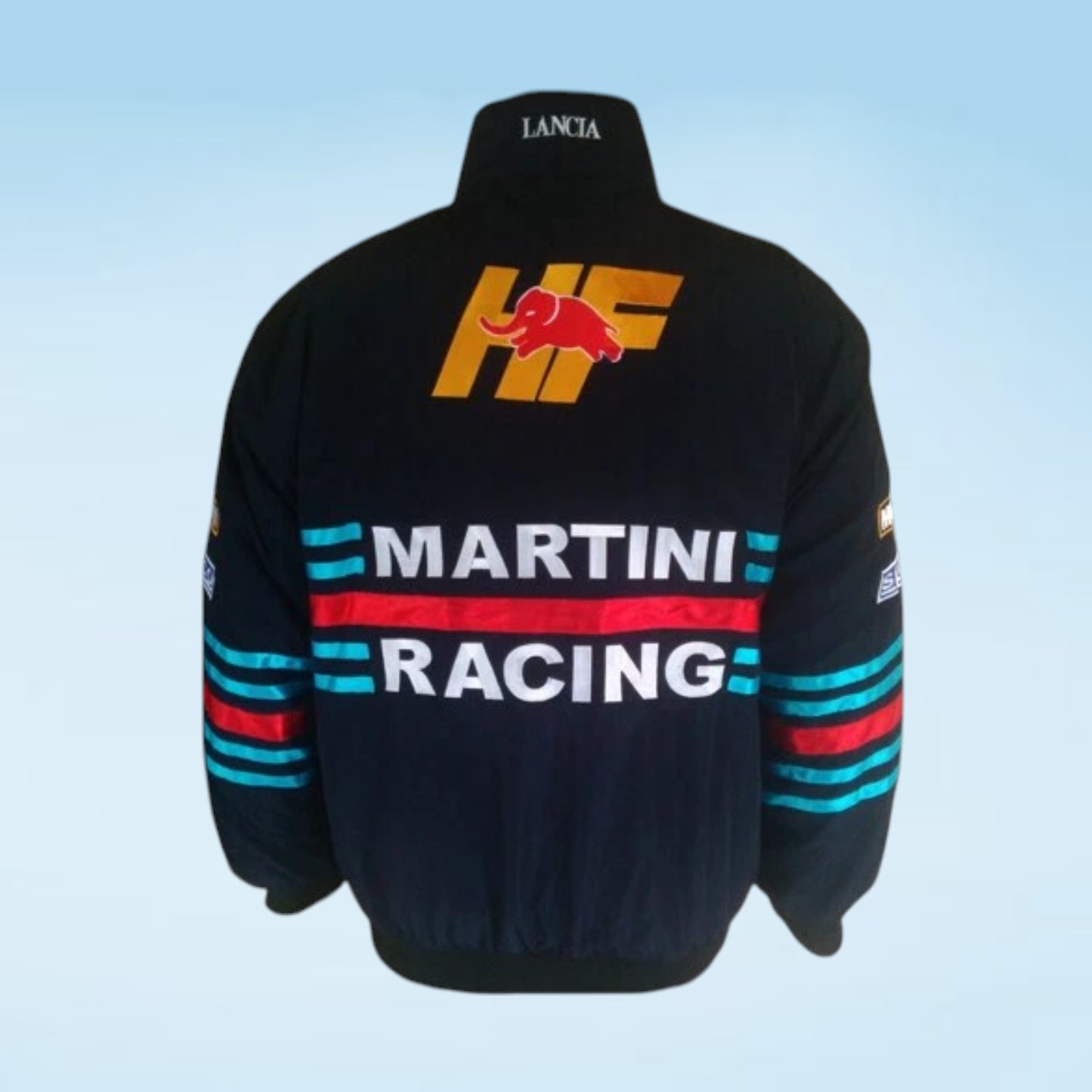 Black Martini Racing Lancia jacket shown from the back, featuring a large yellow and red HF logo, white 'MARTINI RACING' text, and blue and red stripes on the sleeves.
