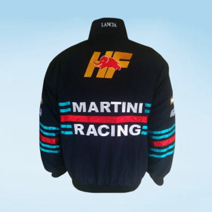 Black Martini Racing Lancia jacket shown from the back, featuring a large yellow and red HF logo, white 'MARTINI RACING' text, and blue and red stripes on the sleeves.