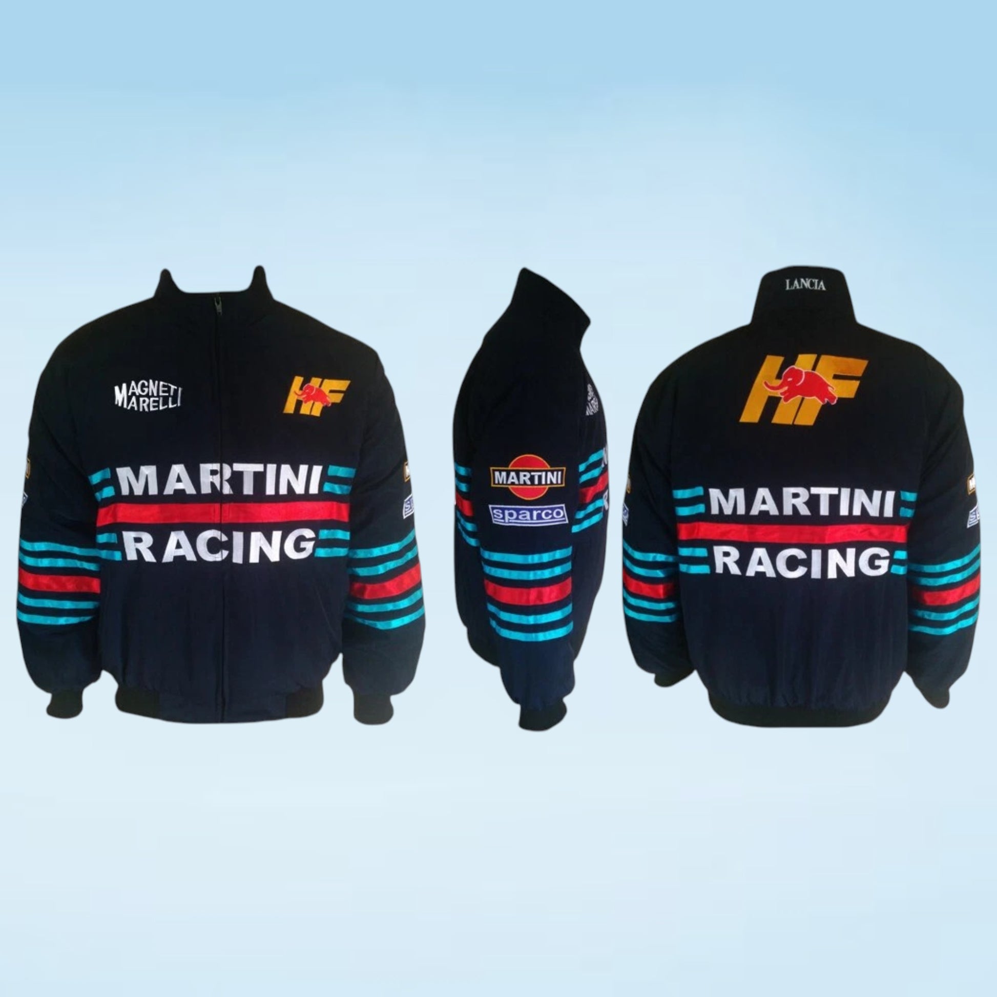 Three views of a black Martini Racing zip-up jacket on a light blue gradient background, showing the front, back, and side. The jacket features the iconic red, white, and blue striped sleeves and a yellow and red HF logo on the chest and back.