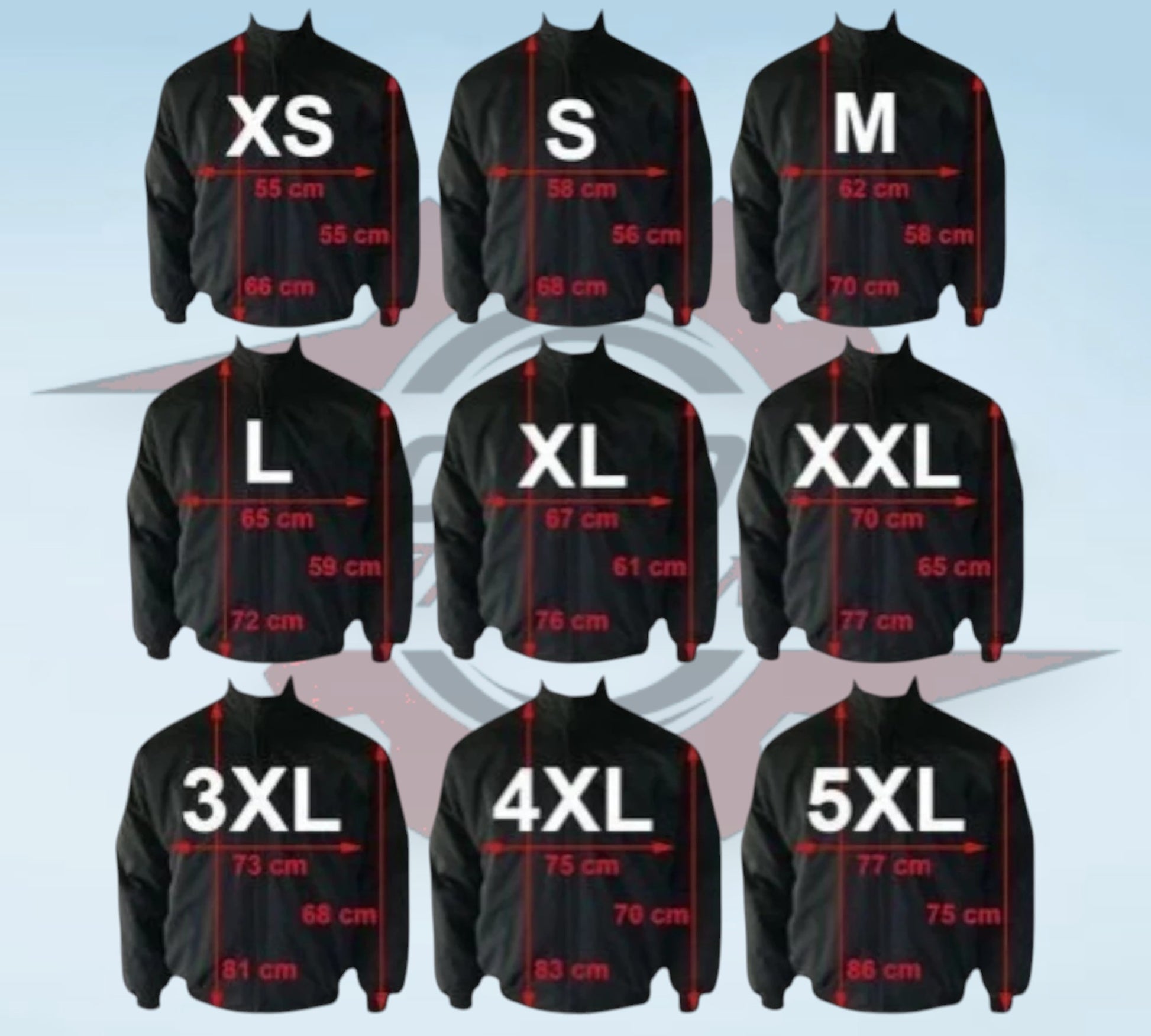 Size chart for jackets showing various sizes from XS to 5XL with dimensions.