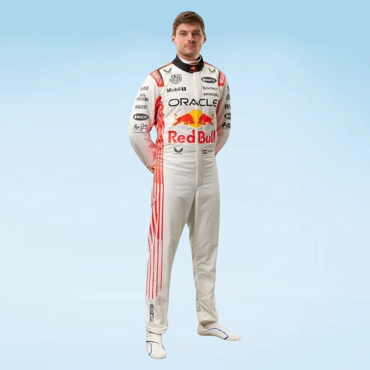 A full-body cutout of a man wearing a Red Bull Racing team racing suit, featuring a white base with red and black graphics and sponsor logos, set against a light blue gradient background.