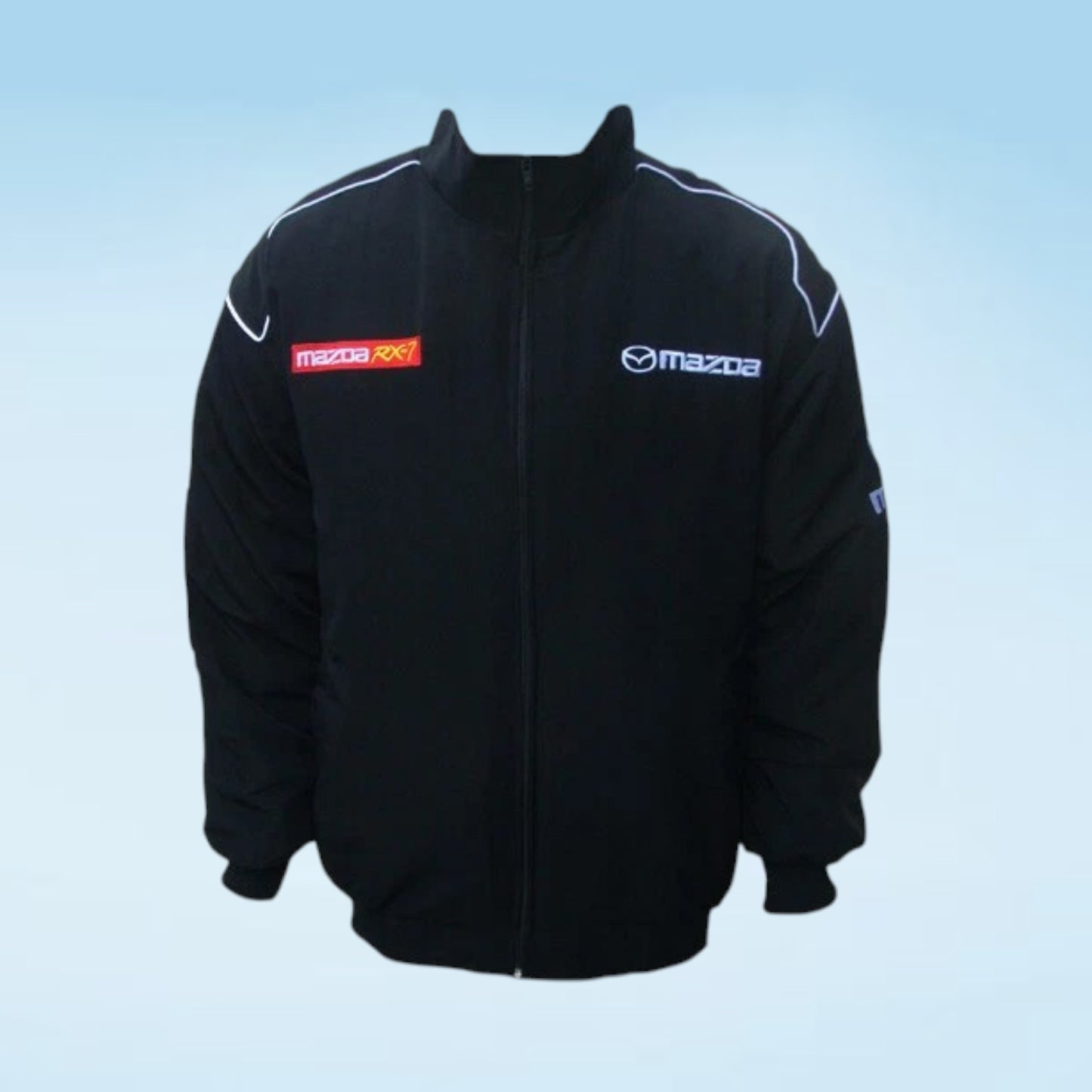 Discover the Mazda RX-7 Racing Jacket, a stylish black motorsport team jacket featuring iconic RX-7 branding for car and racing enthusiasts.