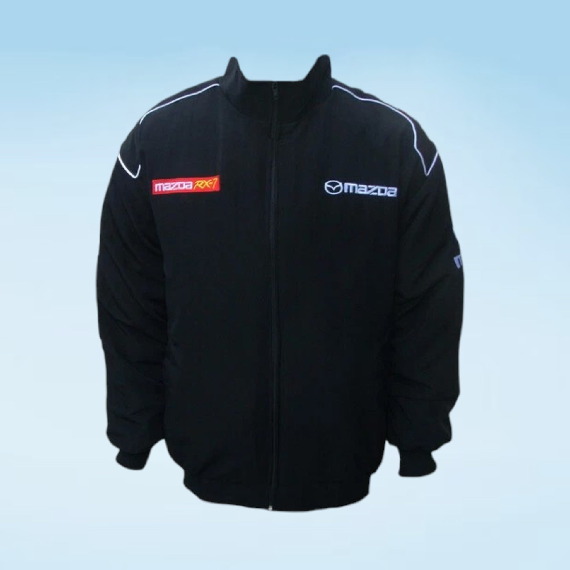 Discover the Mazda RX-7 Racing Jacket, a stylish black motorsport team jacket featuring iconic RX-7 branding for car and racing enthusiasts.