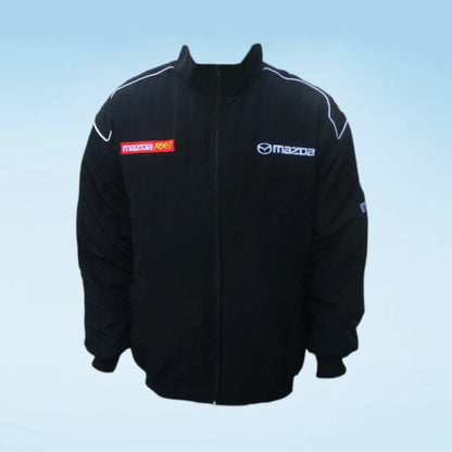 Discover the Mazda RX-7 Racing Jacket, a stylish black motorsport team jacket featuring iconic RX-7 branding for car and racing enthusiasts.