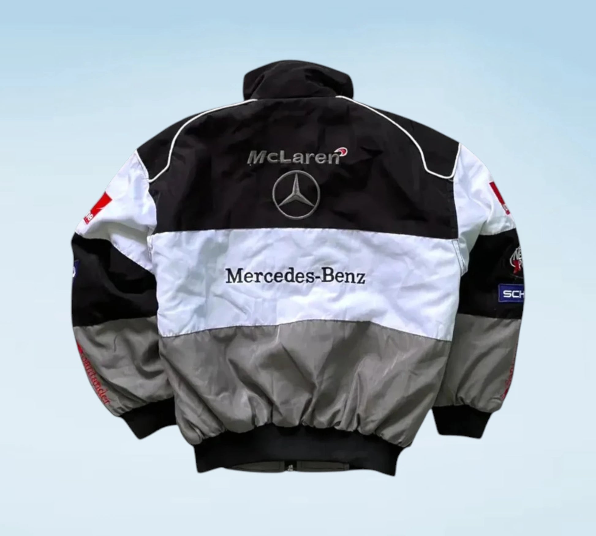 McLaren Mercedes Vodafone F1 Vintage Team Jacket – Santander Edition
Vintage McLaren Mercedes Santander Formula 1 Racing Jacket