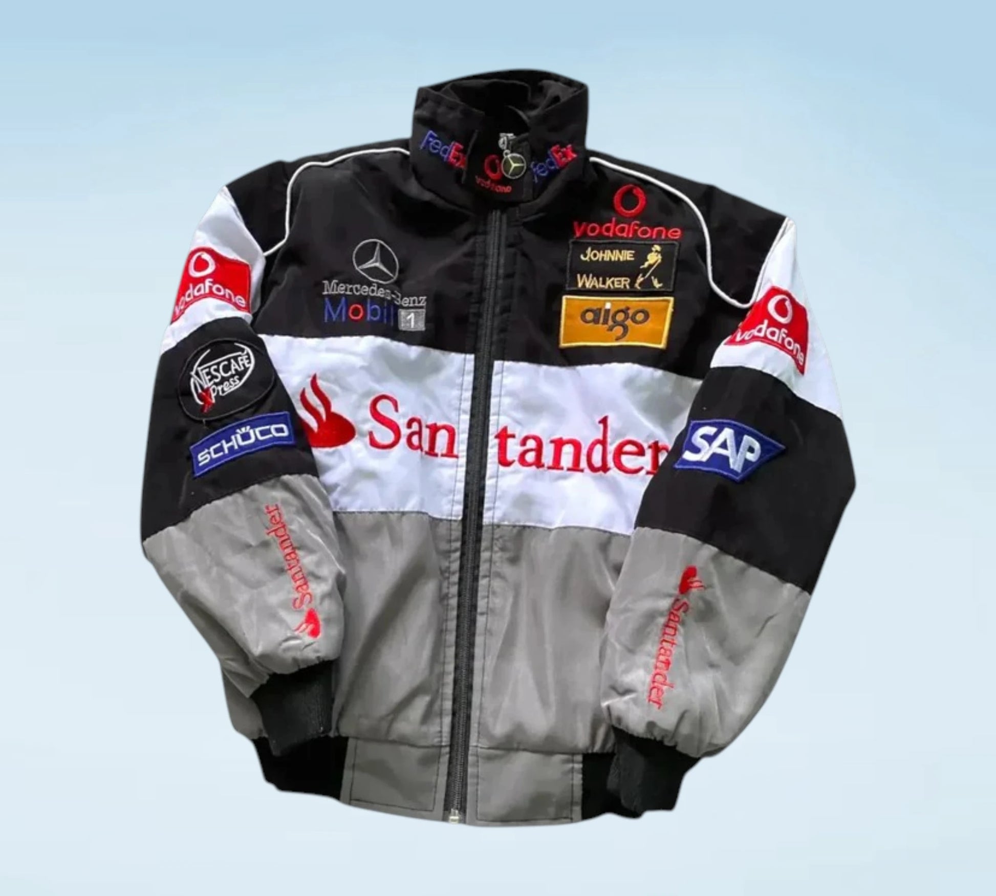 McLaren Mercedes Vodafone Santander Motorsport Bomber Jacket
Retro McLaren Mercedes F1 Racing Jacket – Santander Team Edition