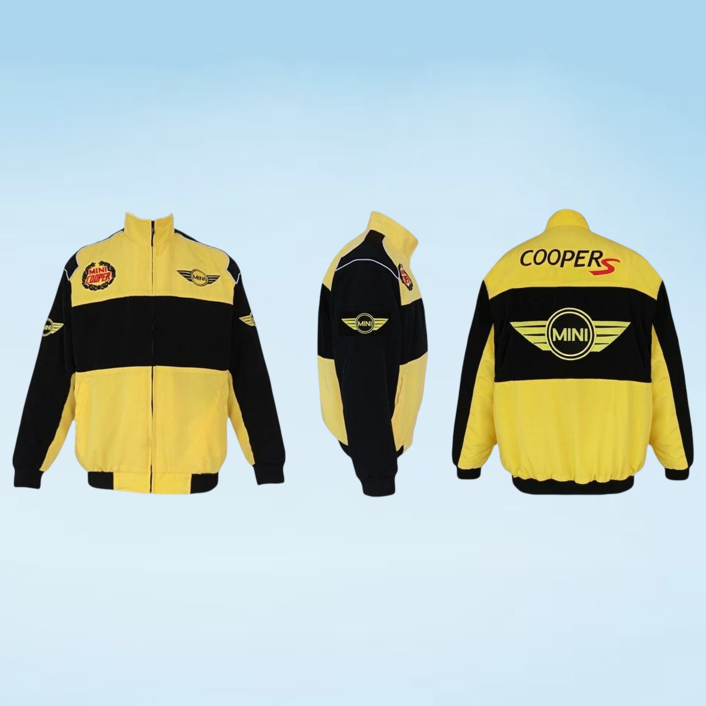 Three views of a yellow and black zip-up jacket featuring Mini branding, including front, side, and back views on a light blue gradient background.
