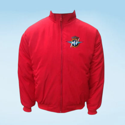 A red zip-up jacket with a stand collar, featuring a colorful embroidered logo on the left chest, displayed against a light blue gradient background.