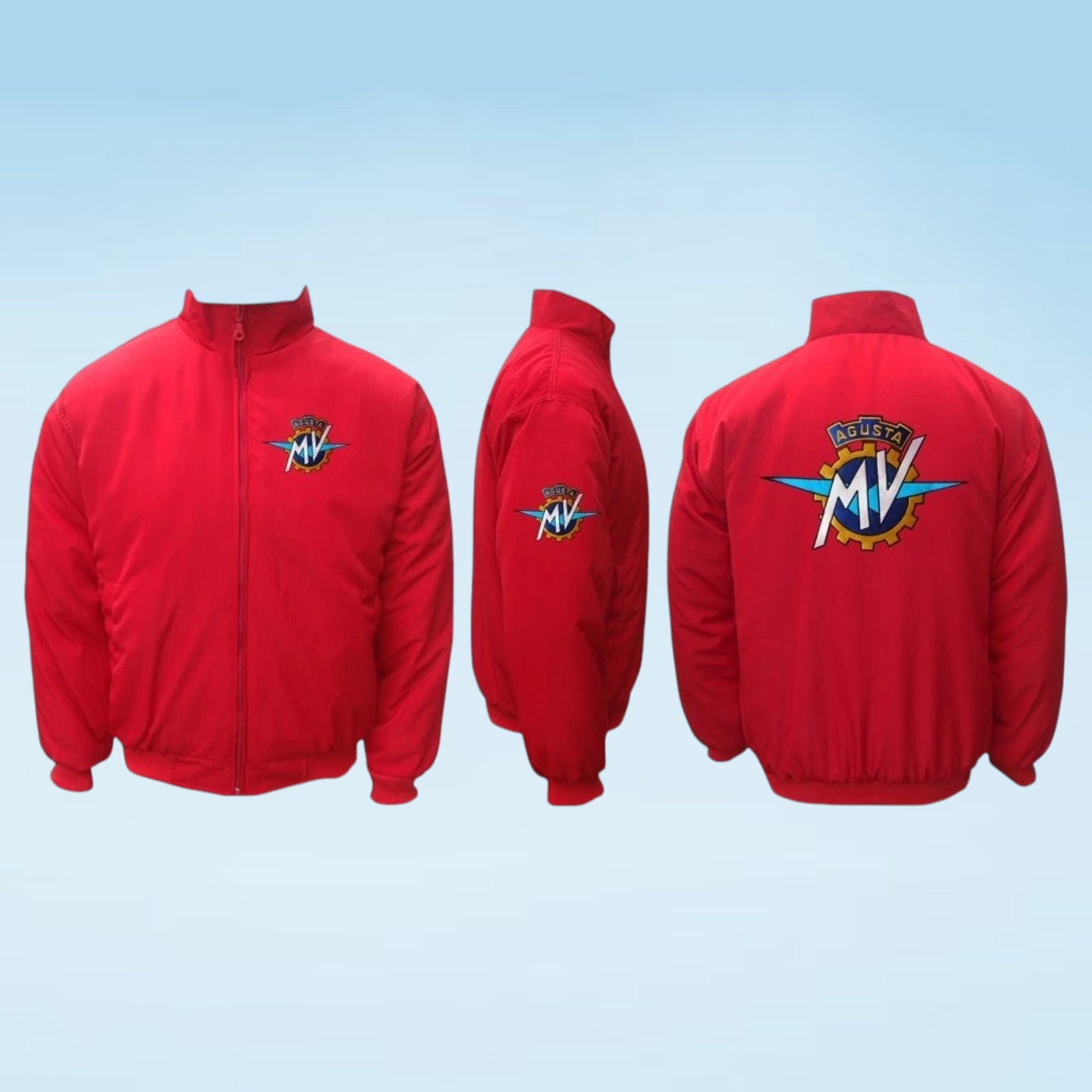 Three views of a red zip-up jacket with a colorful 'Super MV' logo on the chest, sleeve, and back, displayed against a light blue gradient background.