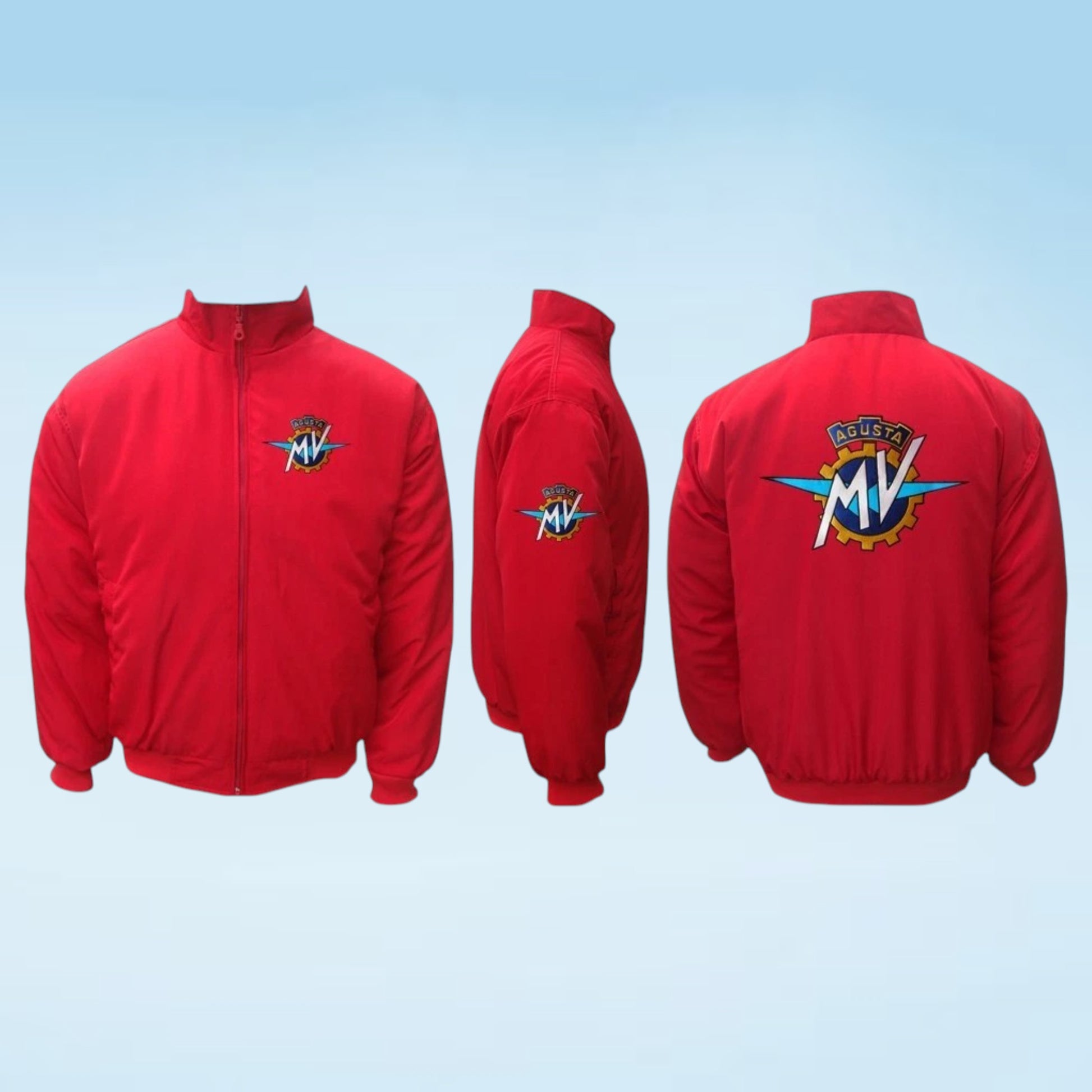 Three views of a red zip-up jacket with a colorful 'Super MV' logo on the chest, sleeve, and back, displayed against a light blue gradient background.