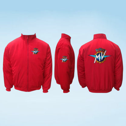 Three views of a red zip-up jacket with a colorful 'Super MV' logo on the chest, sleeve, and back, displayed against a light blue gradient background.